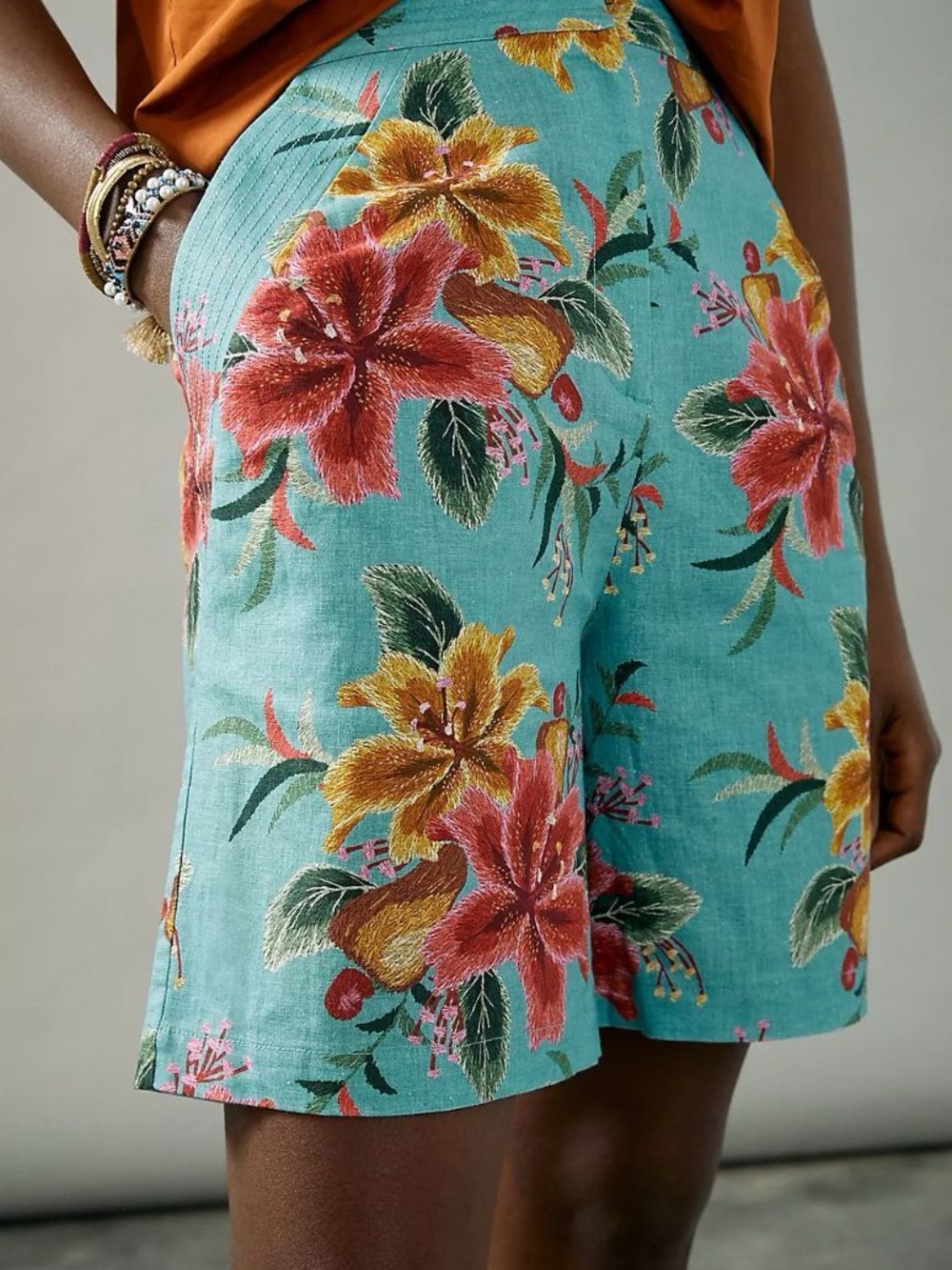 Farm Rio Melanie Bermuda Shorts from Anthropologie blue linen Size XL